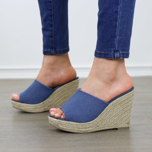 Blue Denim Slip On Espadrille Wedge Sandals - Picture 8 of 9